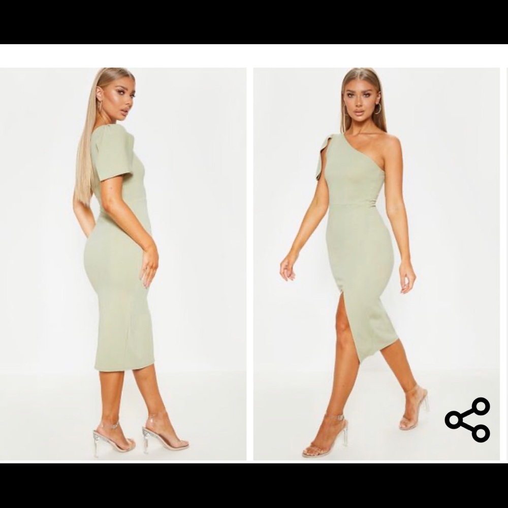 Sage Green One Shoulder Bow Detail Midi